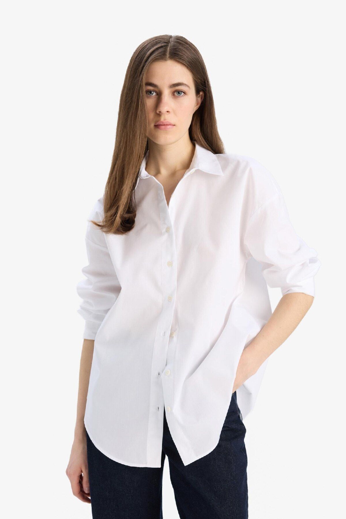 DeFacto-Oversize Wide Fit Basic μασίφ ποπλίνα μακρυμάνικο πουκάμισο T8735az25sp 6