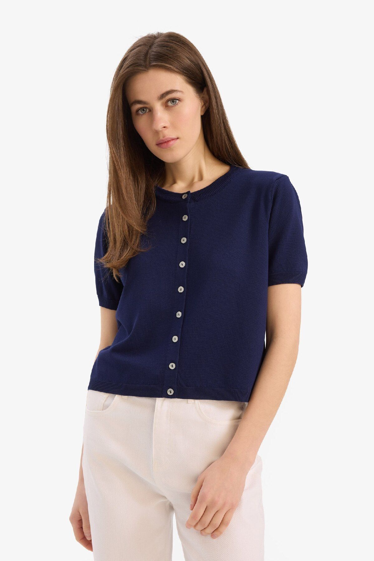 DeFacto-Regular Fit Rundhalsausschnitt Basic Plain Trikot Strickjacke E5770AX25SM 4