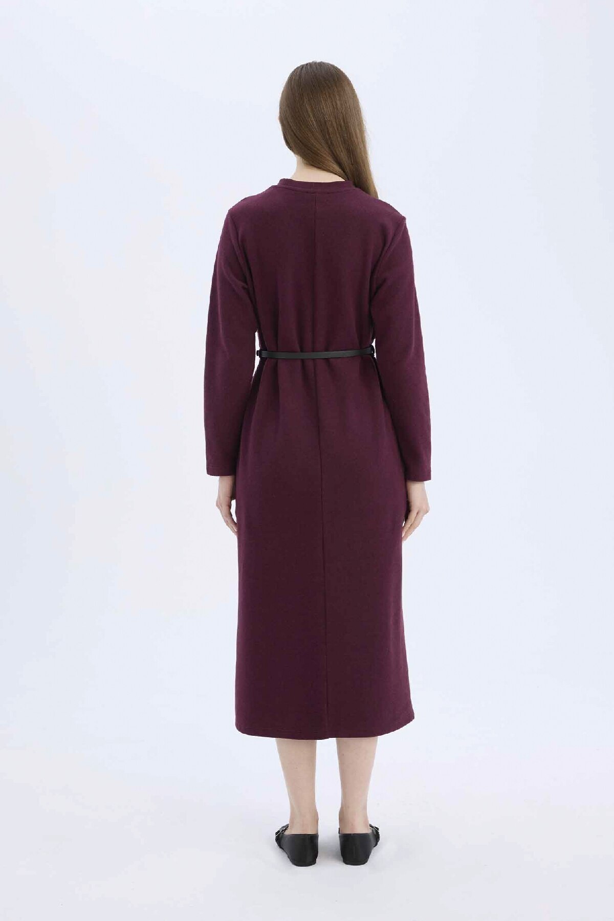 DeFacto-Reguläre Passform, Rundhalsausschnitt, lange Ärmel, Gürtel, Thessaloniki-Stoff, Maxi-Hijab-Kleid E5790ax25sp 5