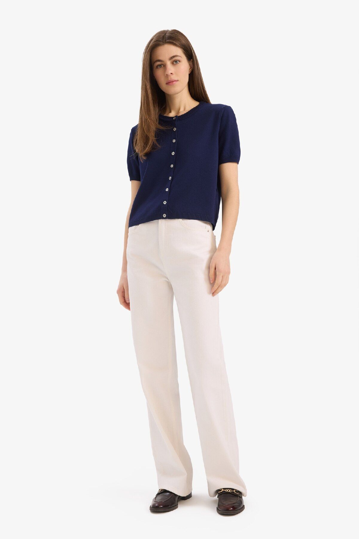 DeFacto-Regular Fit Rundhalsausschnitt Basic Plain Trikot Strickjacke E5770AX25SM 2