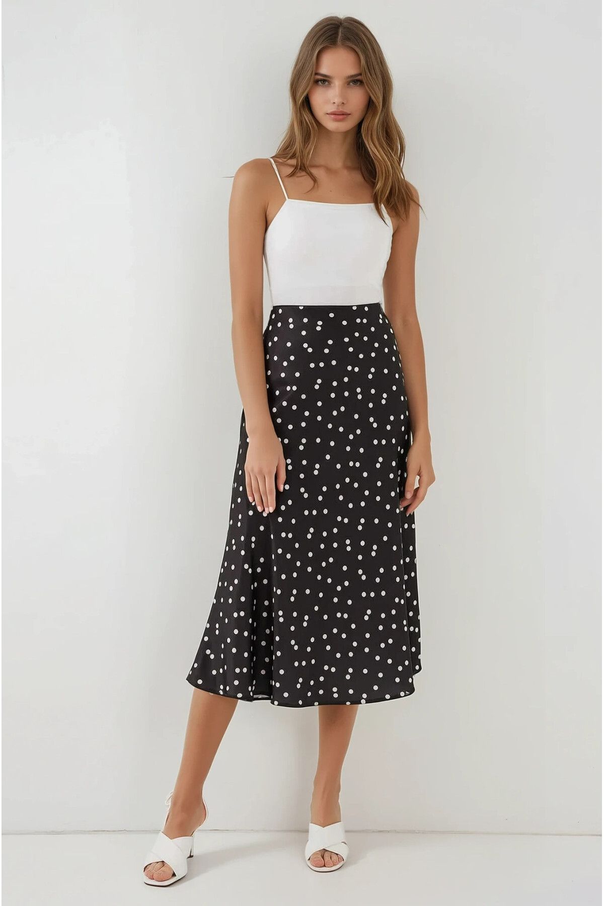 hazelin-Fusta midi cu suprafață din satin negru pentru femei cu talie elastică Hzl23S-BD 1101471 2