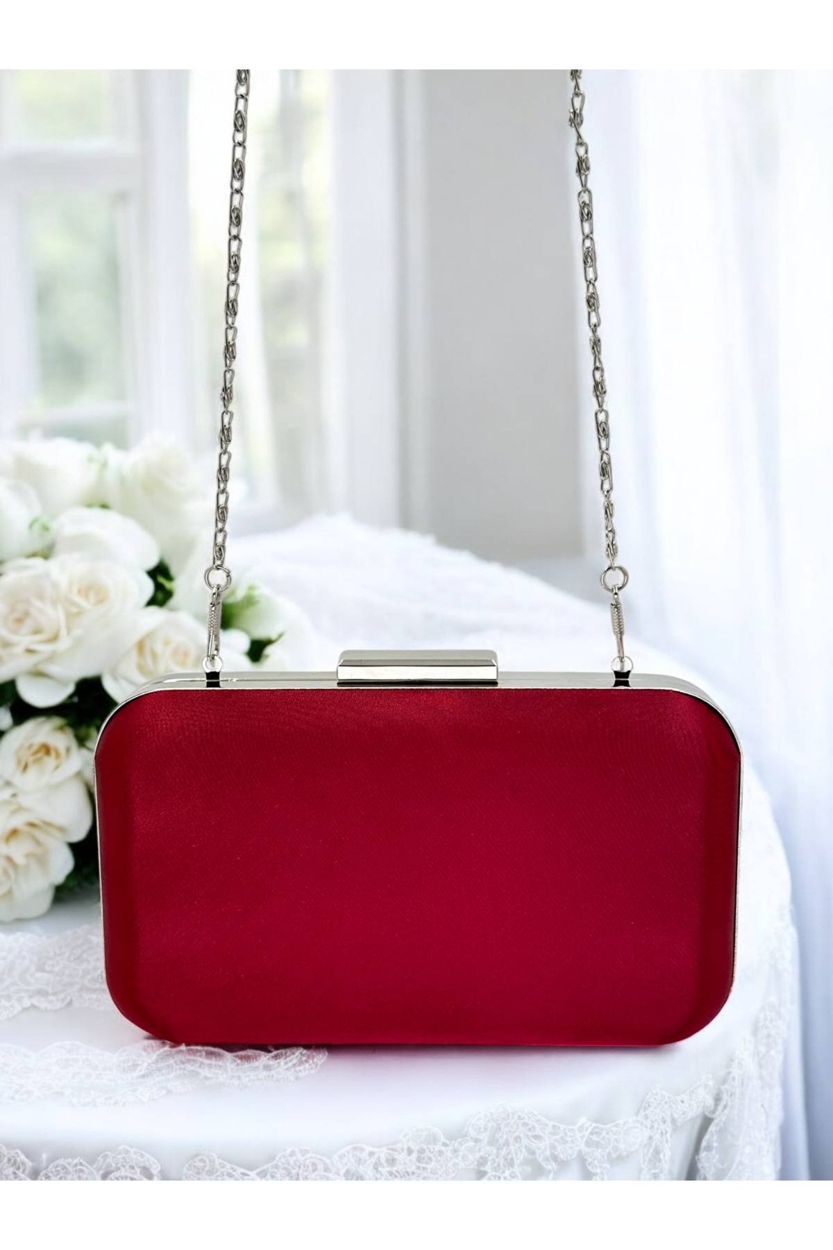 Biçanta-Burgundy Crystal Stone Metal Handle Satin Women's Evening Bag Evening Dress Bag Wedding Engagement Graduation 4