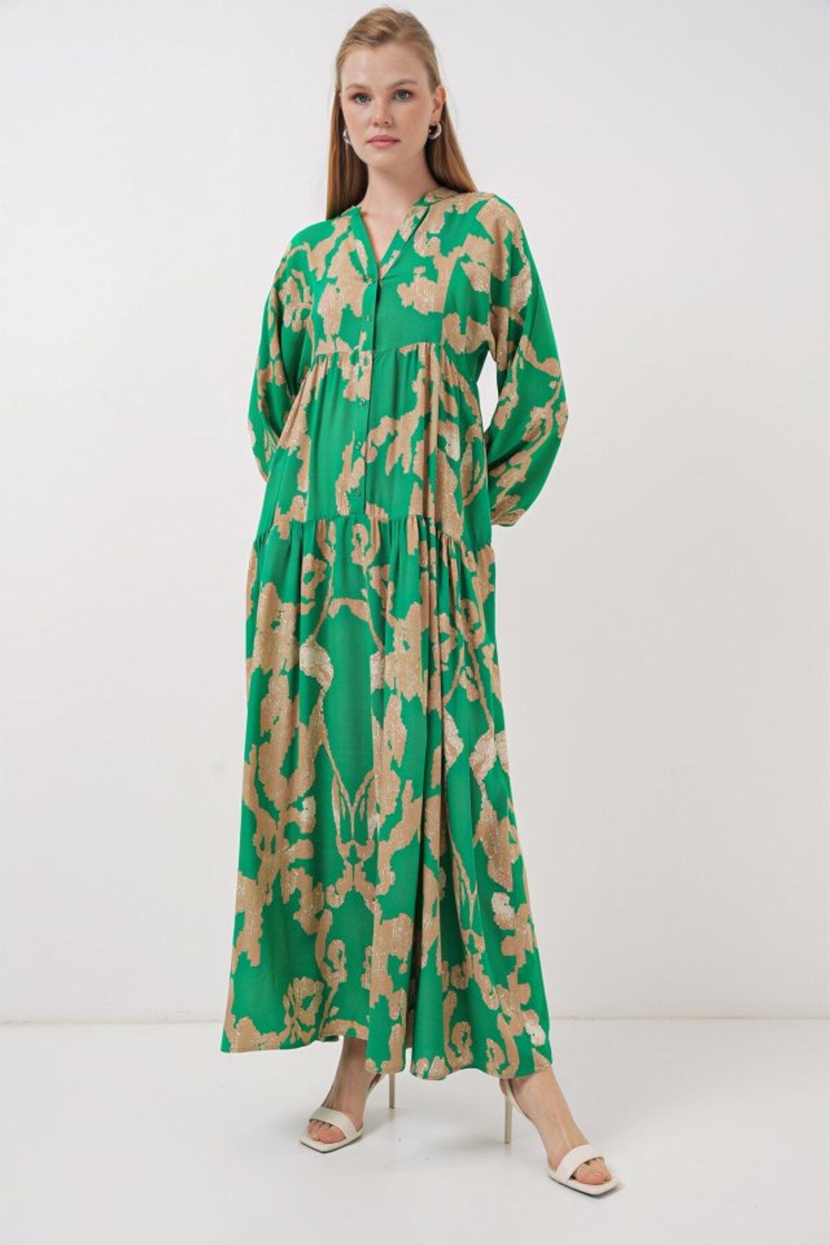 TUA MODA-Tua Moda 2423 Authentic Patterned Hijab Dress - Emerald Green 3