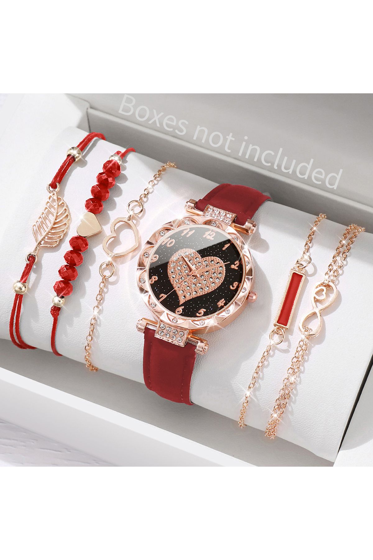 Choice-HH10487 6PCS/Set Fashion Heart Dial Women's Watch Leather Band Quartz Watches Leaf Bracelets Set(Wit 1