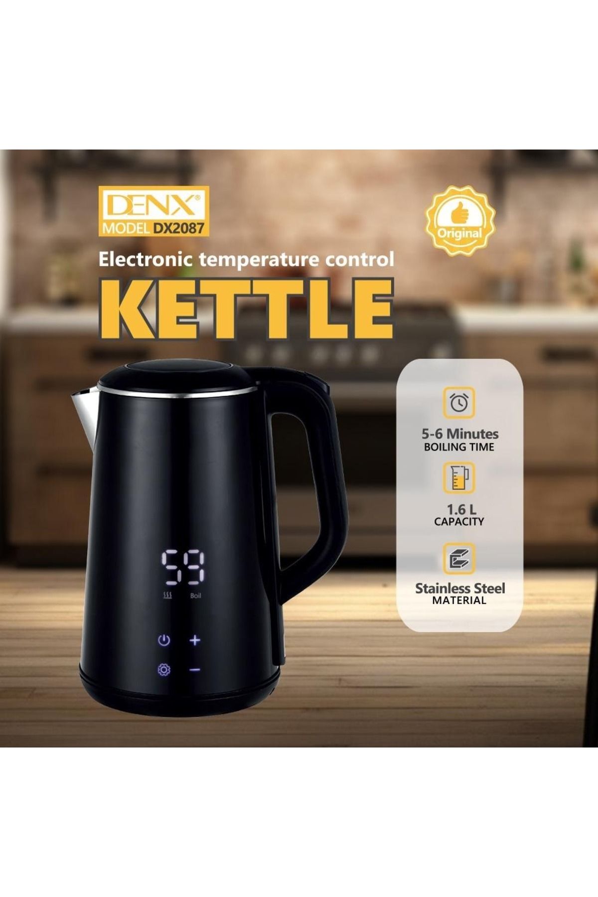 Denx-غلاية ستيل رقمية بخاصية الحفاظ على الحرارة والتحكم بمستويات الحرارة سعة 1.6 لتر ، 1500 واط 3