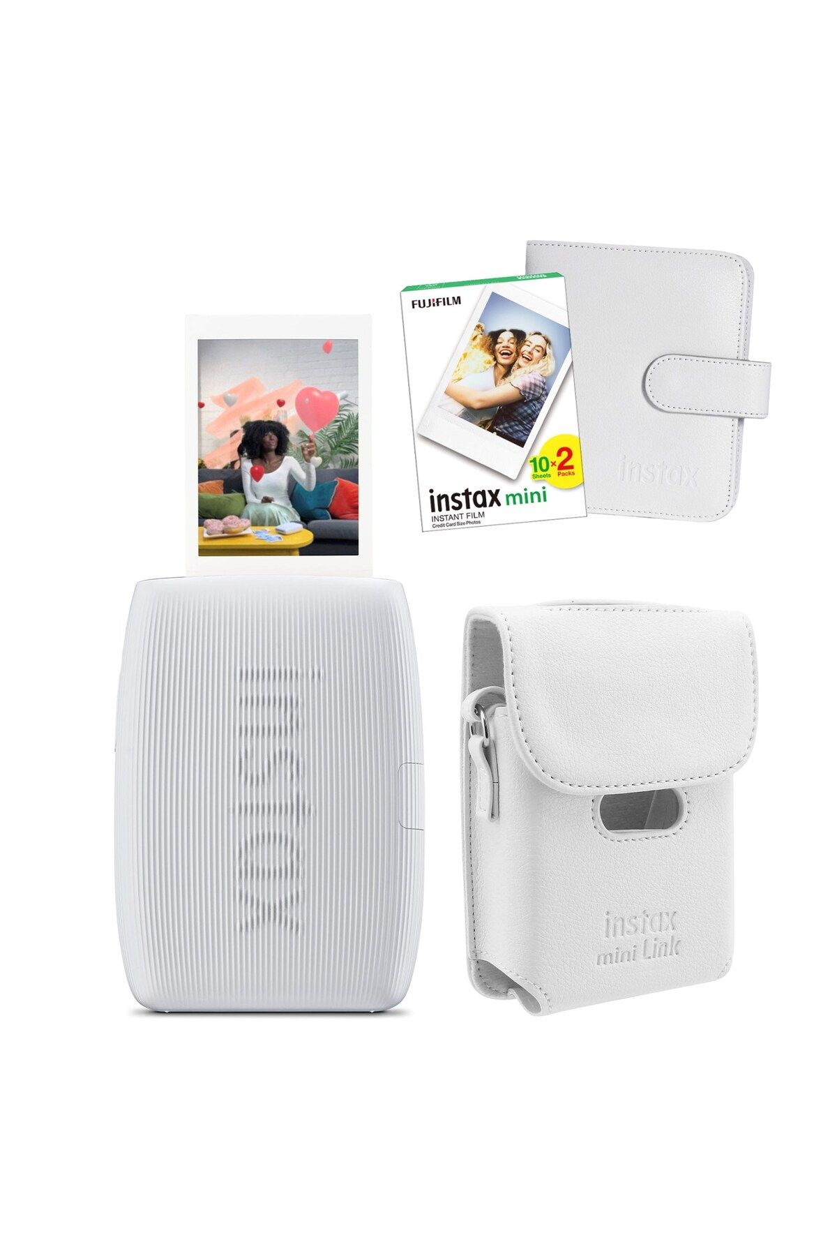 Fujifilm Instax mini Link 3 Beyaz Akıllı Telefon Yazıcısı Beyaz Çanta Deri Albüm ve 20'li Mini Film