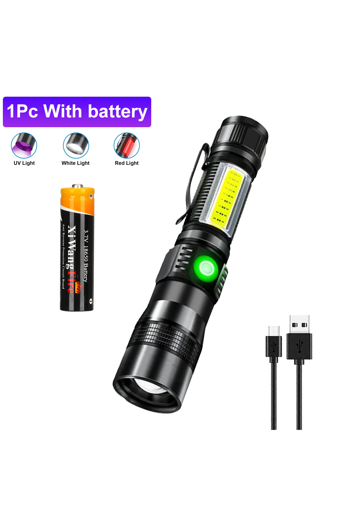Heinast-ZOOM black 1Pc with battery 3in1 LED Flashlight with COB Sidelight Rechargeable Magnetic Torch Zoom 1