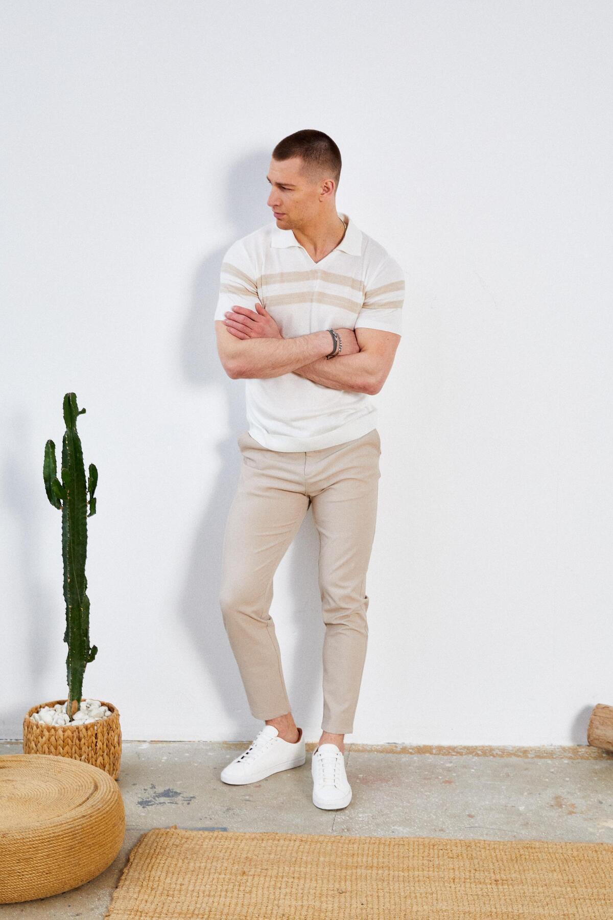 TENA-Men's Ecru Apaş V-Neck Chest and Sleeve Striped Knitwear T-Shirt 4