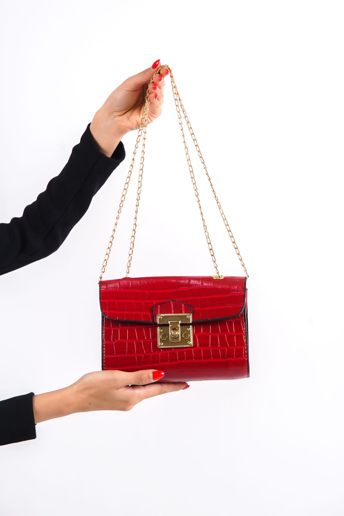 Mubiano-1140-k Rectangular Form Shoulder, Hand and Arm Bag with Chain Strap and Crocodile Pattern Strap 3