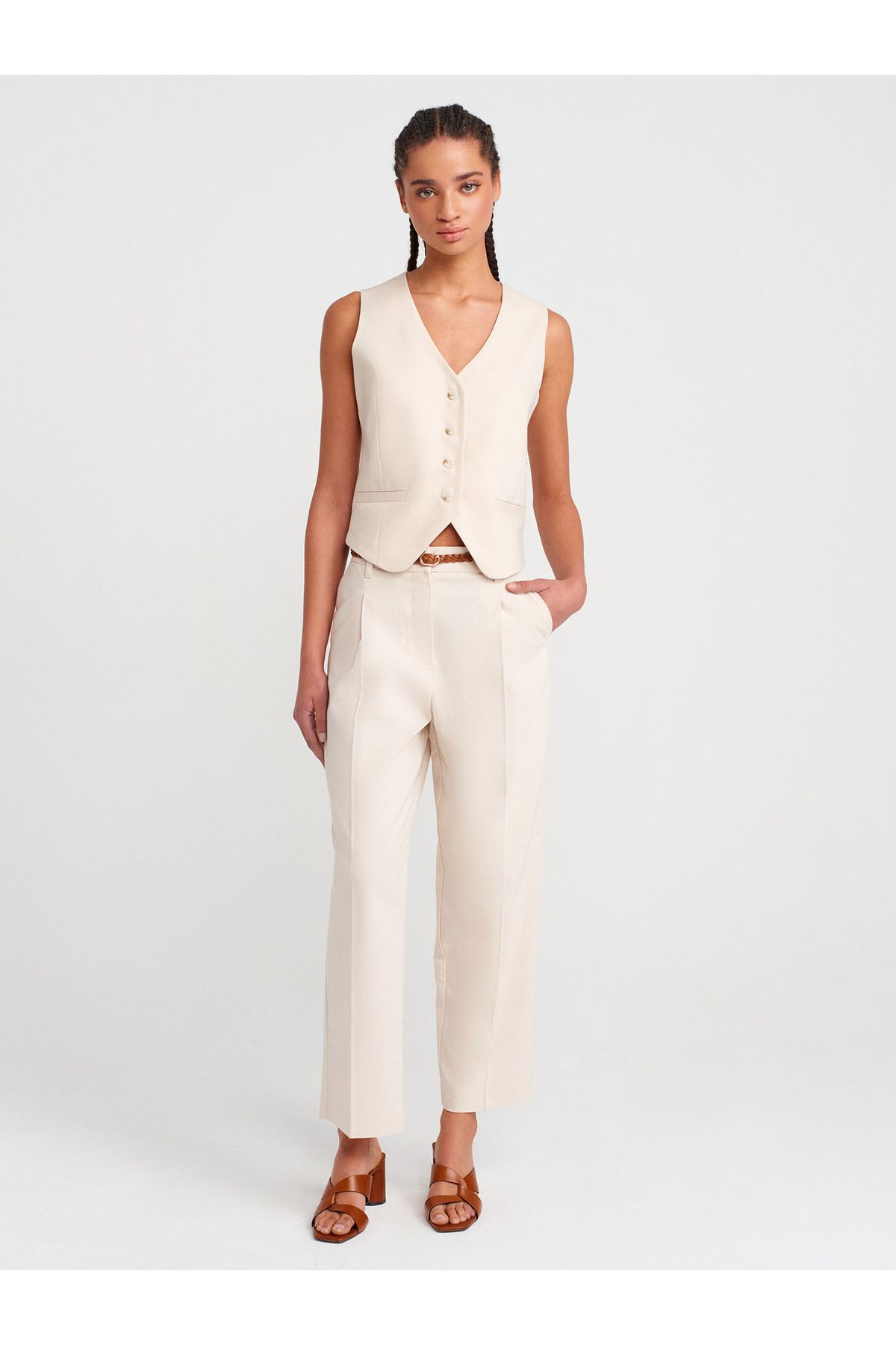 Dilvin-60580 V-Neck Buttoned Vest-Stone 4