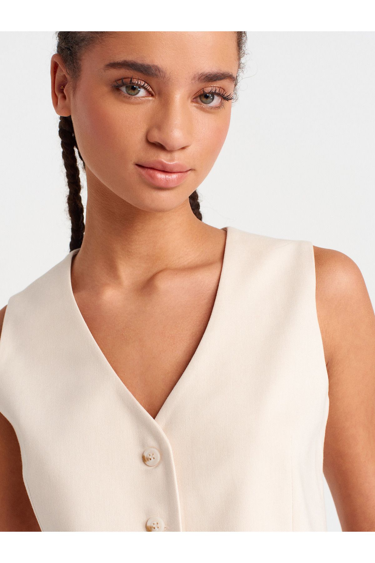 Dilvin-60580 V-Neck Buttoned Vest-Stone 3