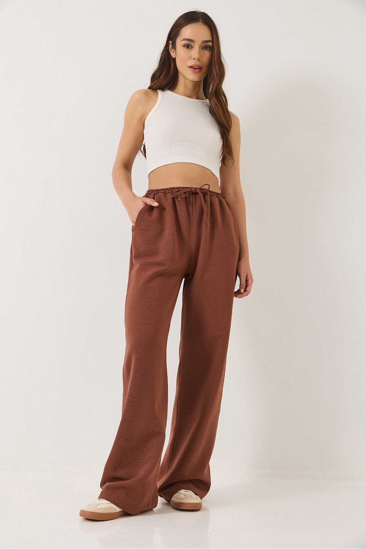 Bianco Lucci-Women's Elastic Waist Pocket Detailed Palazzo Linen Trousers 80182 60271083 5