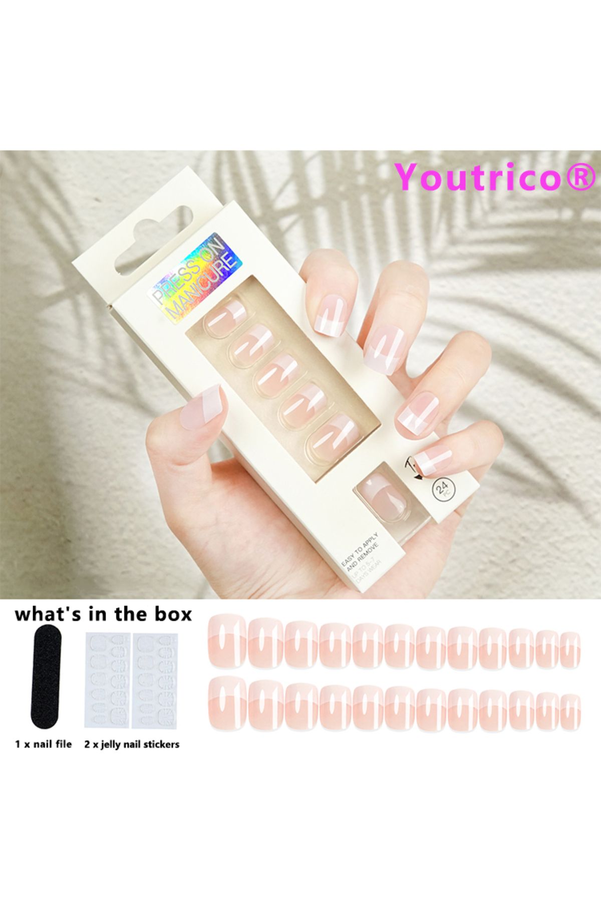 Youtrico-24pcs White Stripe Mirror Press-On Nails w/Glue & File 1