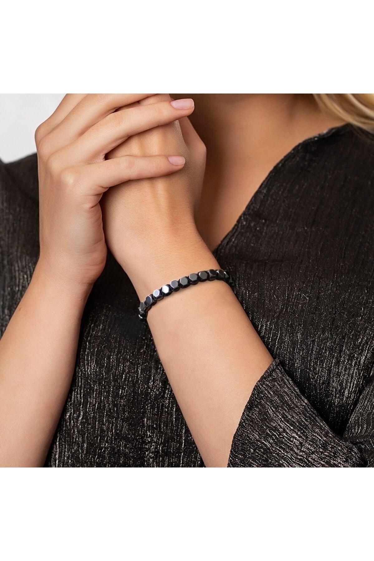 Tesbihane-Macrame Braided Hexagonal Prism Design Hematite Natural Stone Women's Bracelet 3
