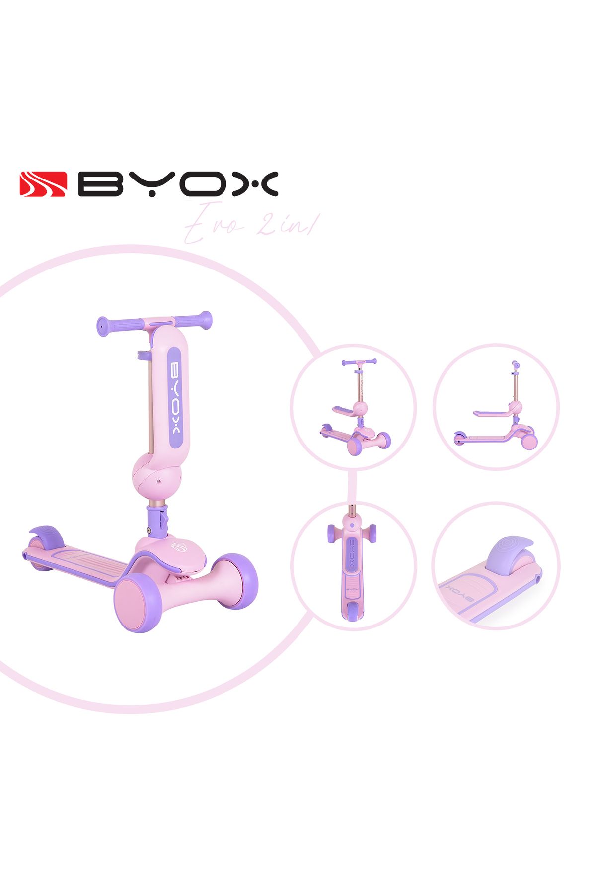 OEM Trotineta Transformabila 2 In 1 Cu Sezut, Byox Evo Roz, Roti Cu Led, Varsta Minima 18 Luni Unisex - One Size