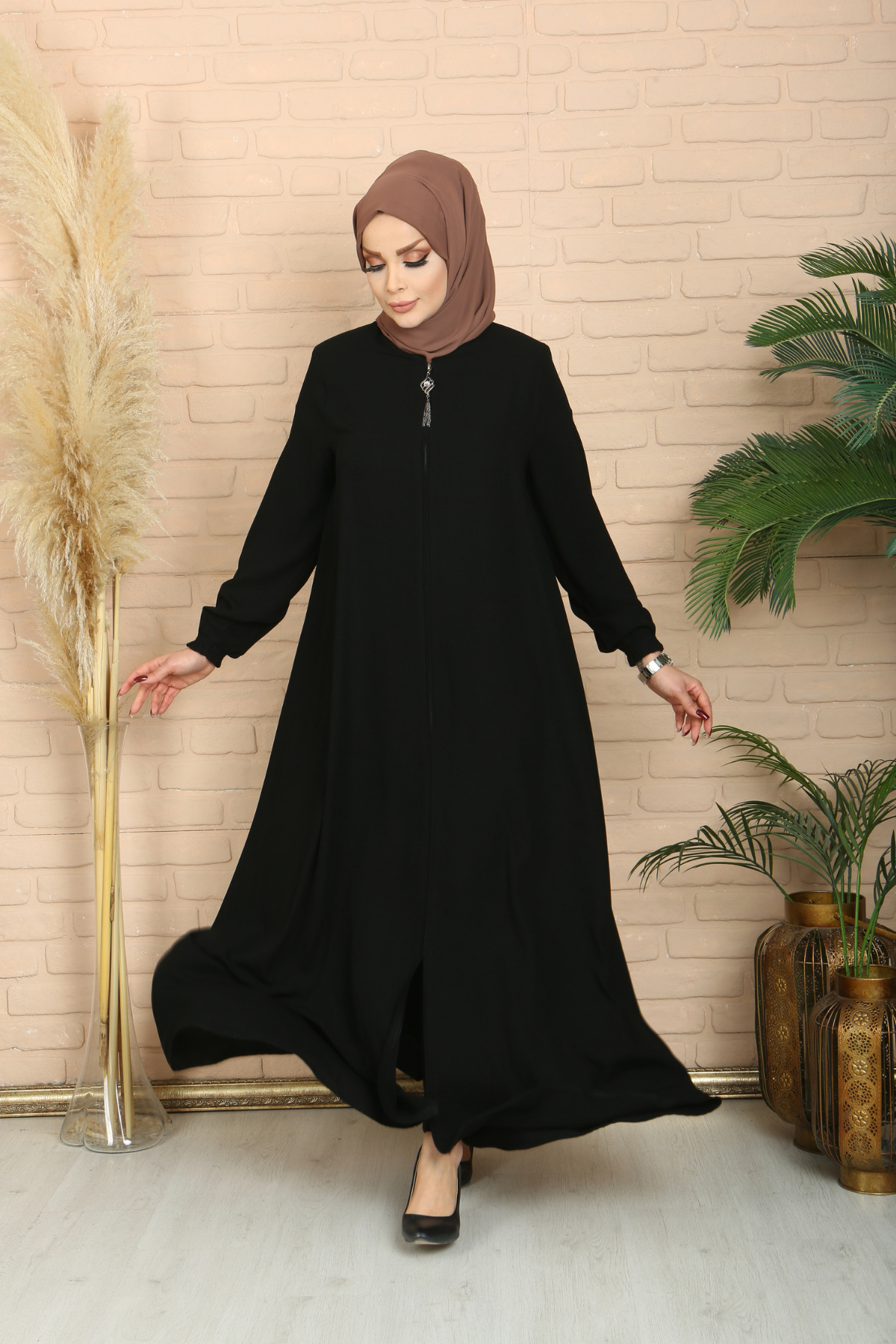 Tuğralı Tesettür Kadın Mevlana Fermuarlı Mevsimlik Tam Boy Ferace Tesettür Giyim Yeni Sezon