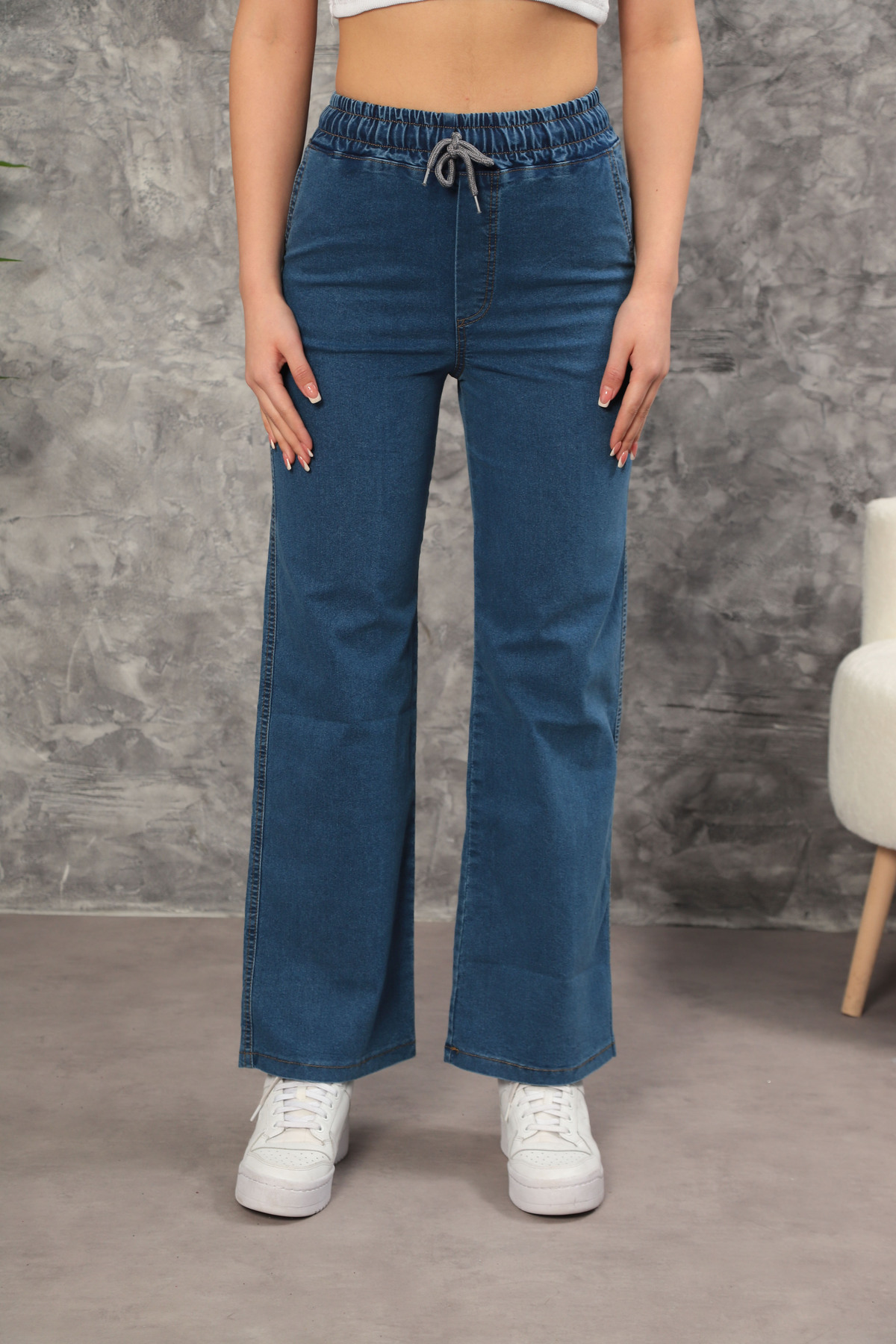 GÜLİZİM BUTİK  MAVİ Kadın Beli Lastikli Yüksek Bel Plazzo Likralı Büyük-Küçük Beden Jeans - Görsel 5