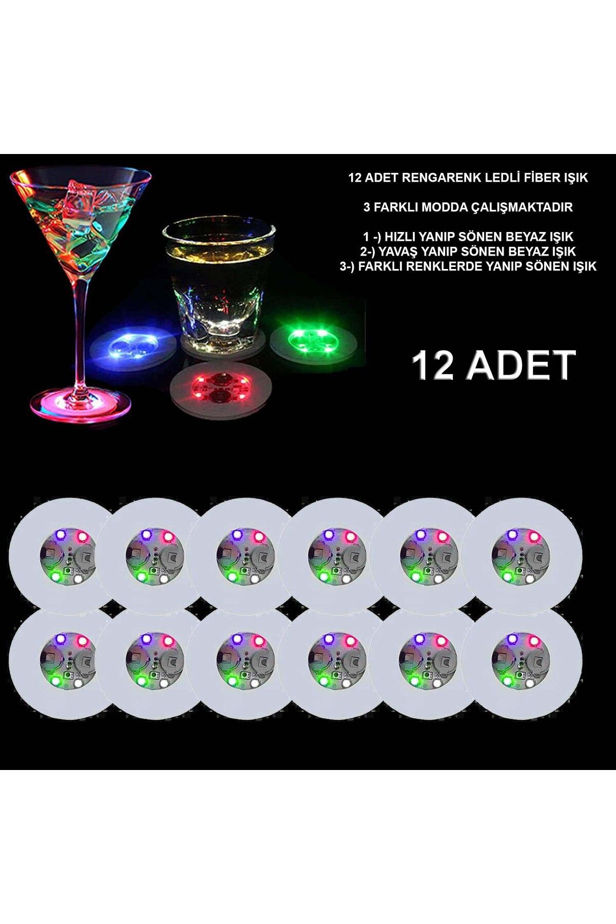 Astra Market Renkli LED Işıklı Bardak Altlığı - Dekoratif (12 Adet, Pilli)