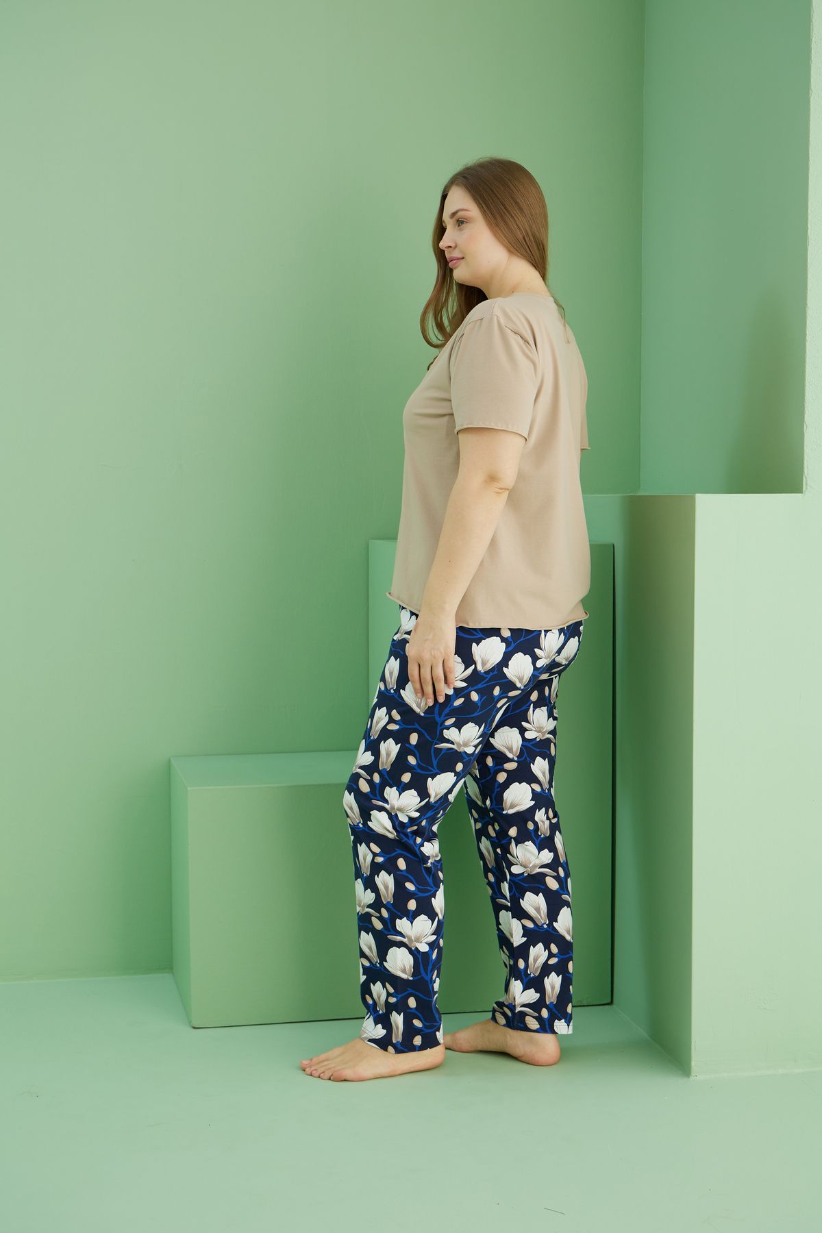 Siyah İnci-Mink Patterned Curve Large Size Oversize Cotton Pajama Set 25113747 3