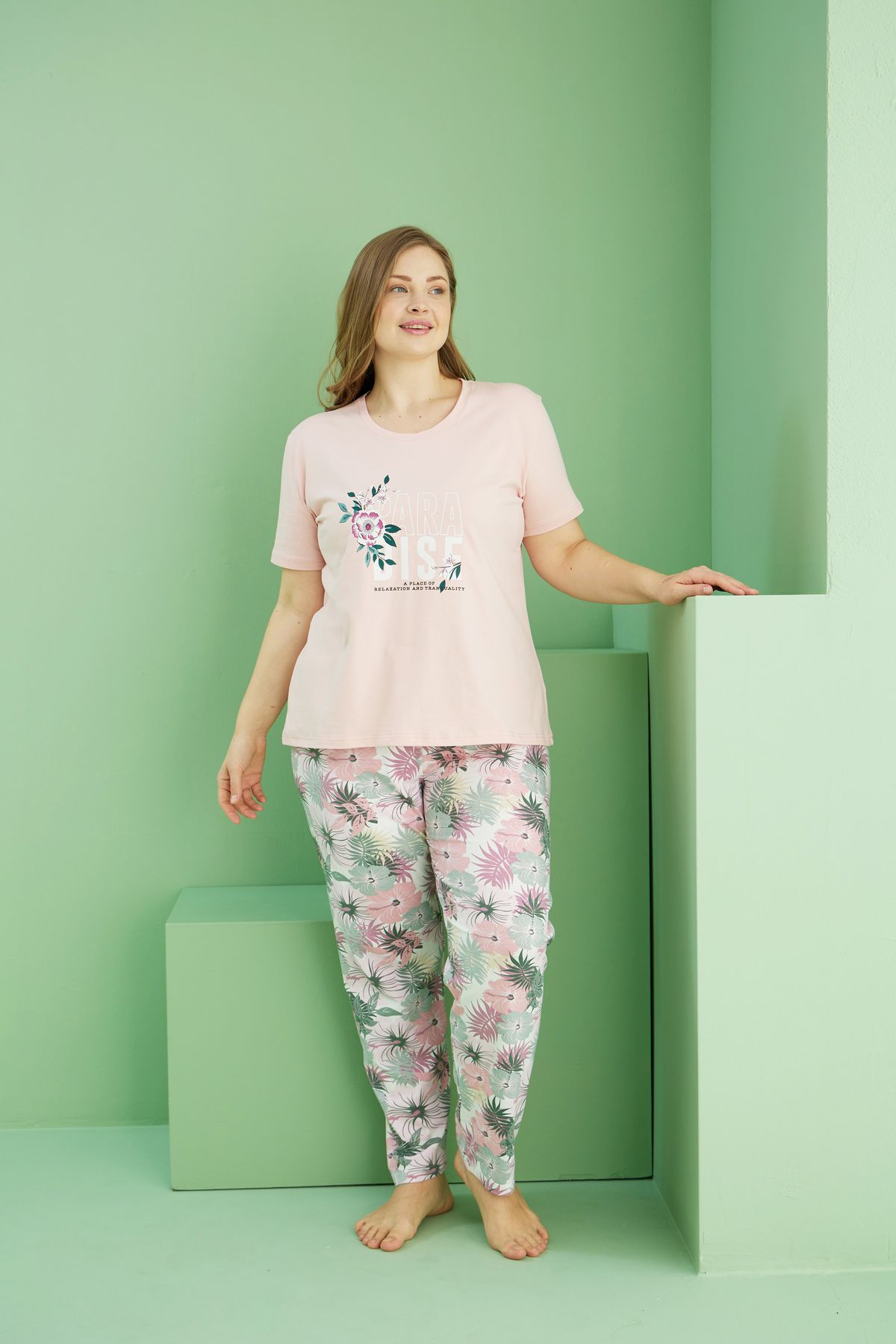 Siyah İnci-Salmon Patterned Curve Large Size Oversize Cotton Pajama Suit25113793 2