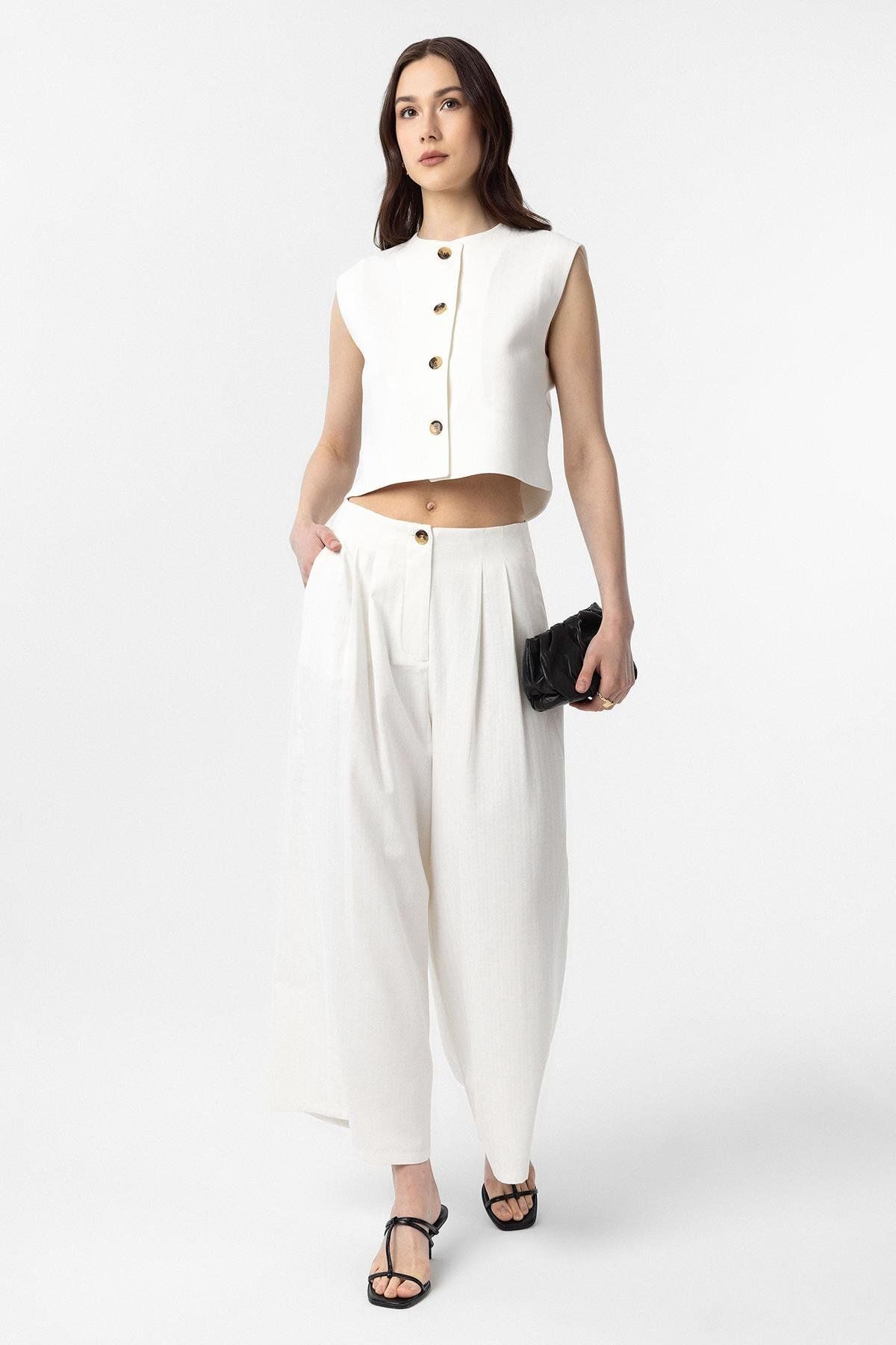 Antioch-White Linen Blended Women's Culotte Trousers 2
