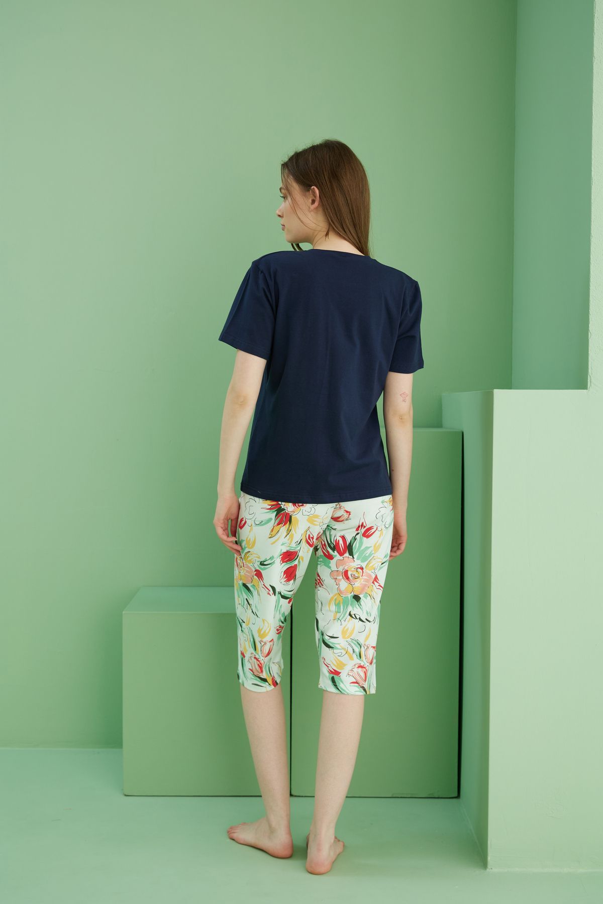 Siyah İnci-Navy Blue Patterned Crew Neck Knitted Cotton Capri Suit 25112237 3