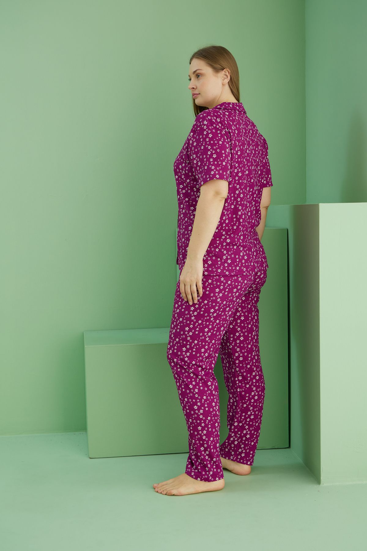 Siyah İnci-Cherry Pattern Bürünçük Krın/Gpl Large Size Oversize Buttoned Pajama Set 3