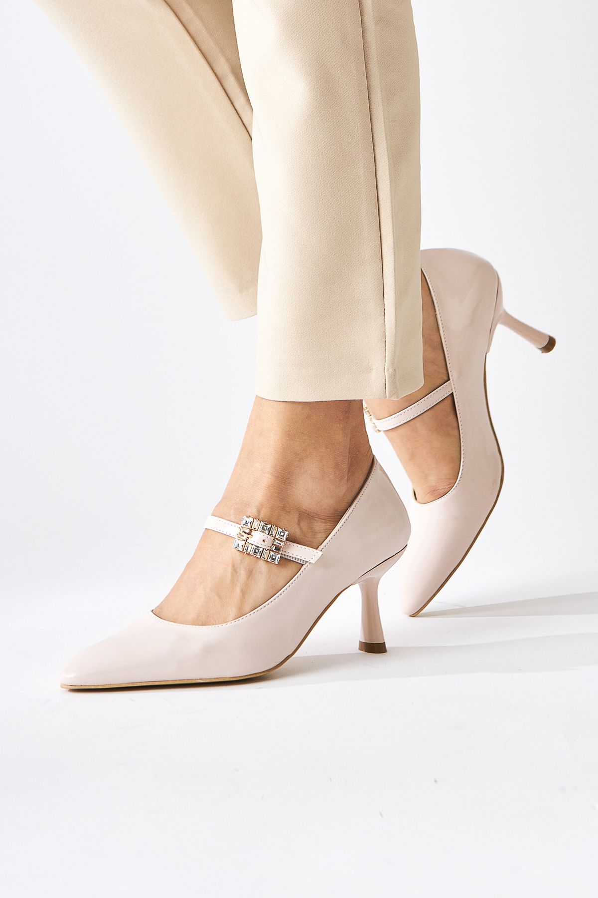 Limoya-Maria Beige Patent Leather Buckle Women's Heeled Shoes 1