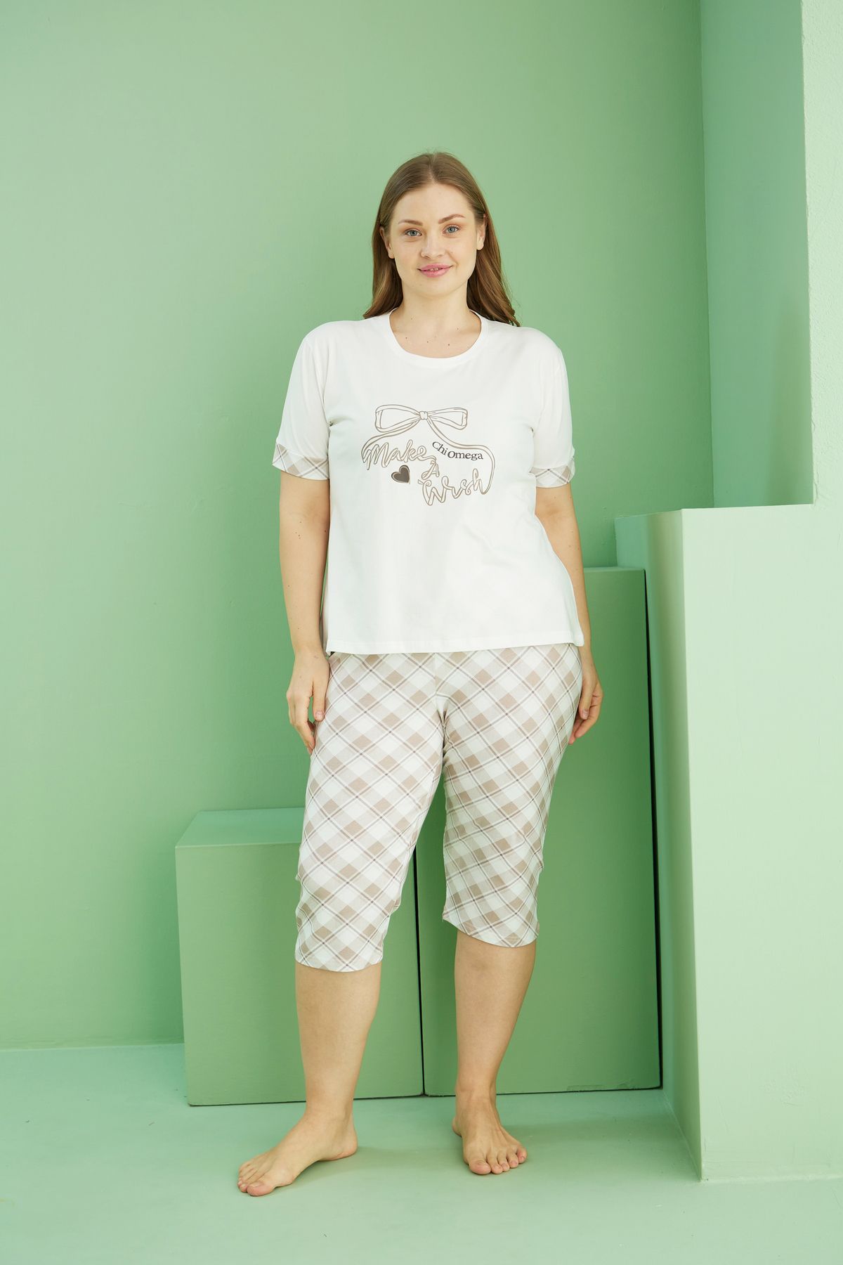 Siyah İnci-Ecru Patterned Curve Large Size Oversize Cotton Capri Suit 25112748 2