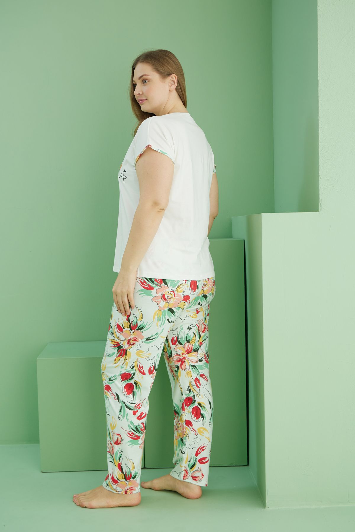 Siyah İnci-Ecru Patterned Curve Plus Size Oversize Cotton Pajama Set 25113758 3