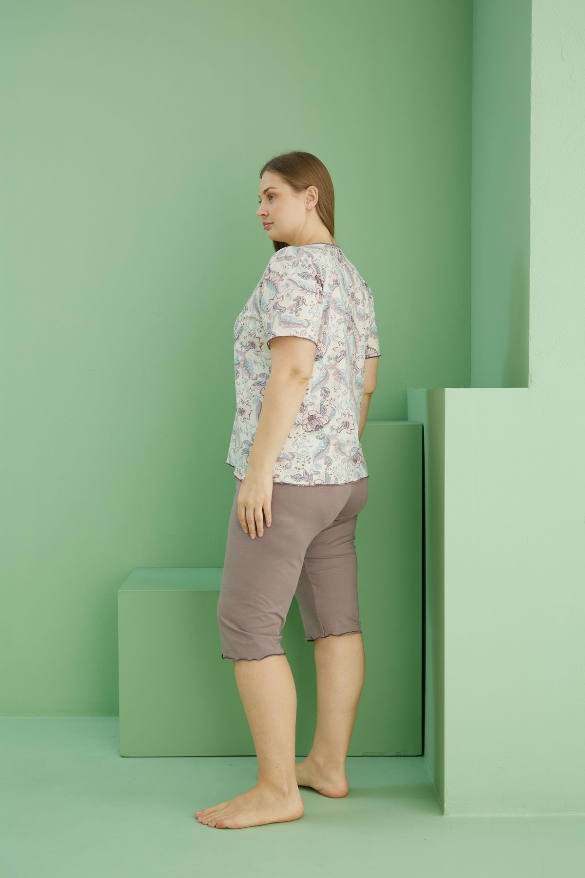 Siyah İnci-Mink Patterned Curve Large Size Oversize Cotton Capri Suit25112791 3