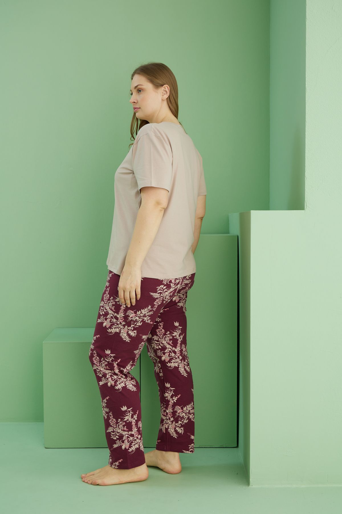 Siyah İnci-Mink Patterned Curve Large Size Oversize Cotton Pajama Set 25113813 3