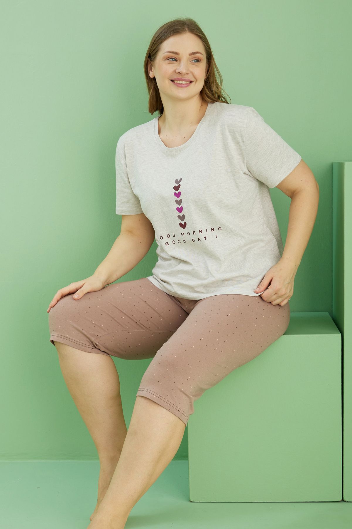 Siyah İnci Costum Capri Din Bumbac Supradimensionat Curve Cu Imprimeu Bej Femeie - 2XL