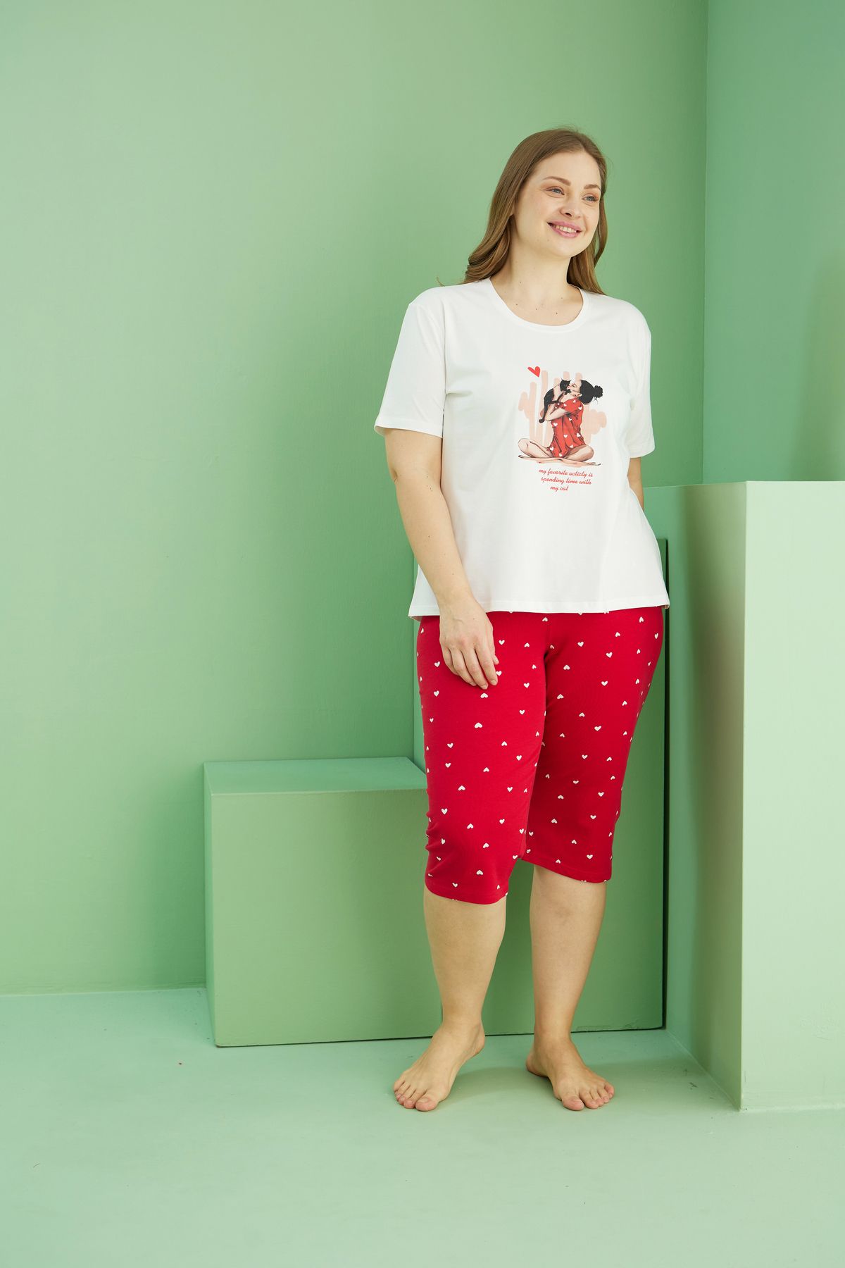 Siyah İnci-Ecru Patterned Curve Large Size Oversize Cotton Capri Suit25112790 2
