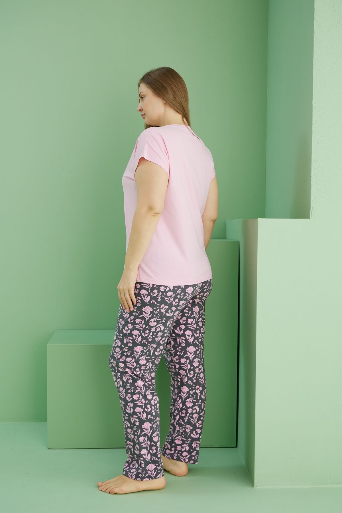 Siyah İnci-Pink Patterned Curve Plus Size Oversize Cotton Pajama Set 25113802 3