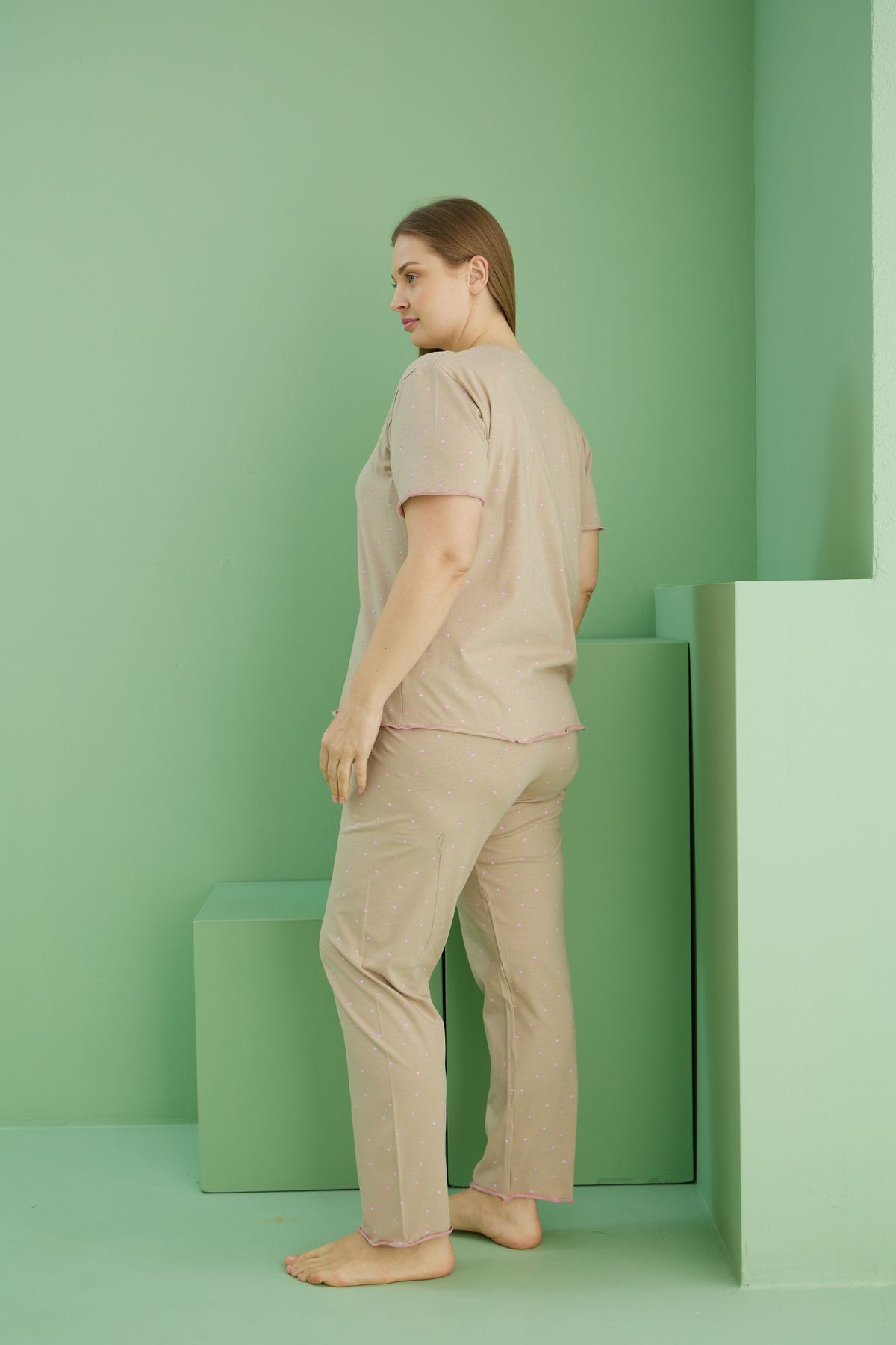 Siyah İnci-Mink Patterned Curve Large Size Oversize Cotton Pajama Set 25113771 3