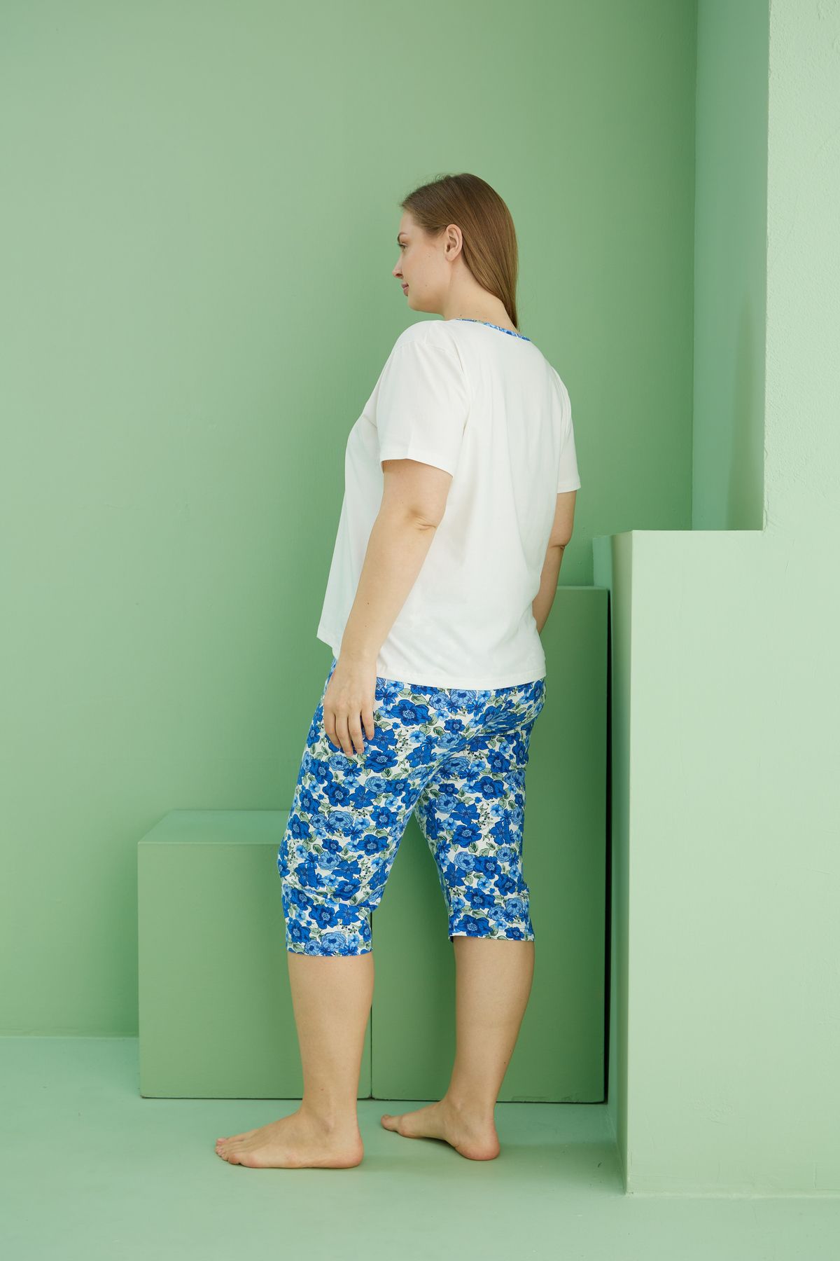 Siyah İnci-Ecru Patterned Curve Large Size Oversize Cotton Capri Suit 25112786 3