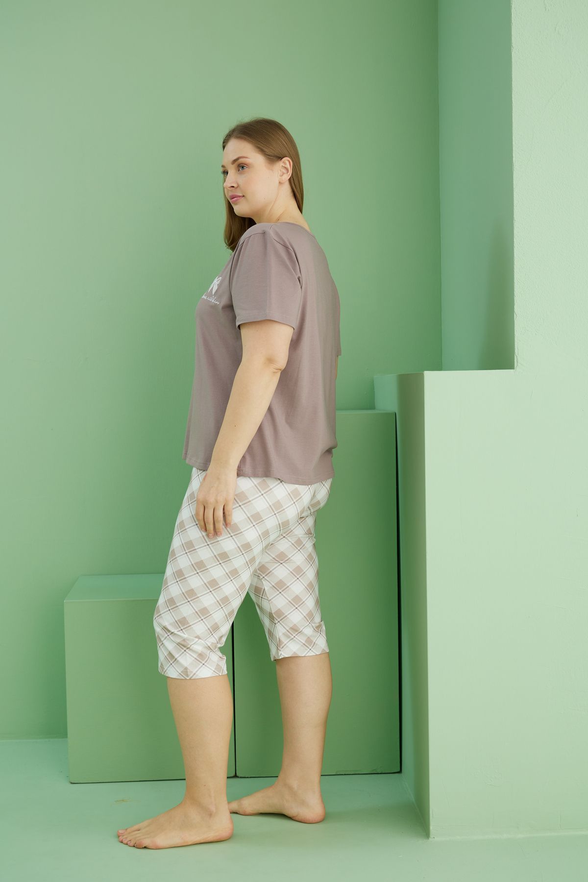 Siyah İnci-Mink Patterned Curve Large Size Oversize Cotton Capri Suit 25112785 3