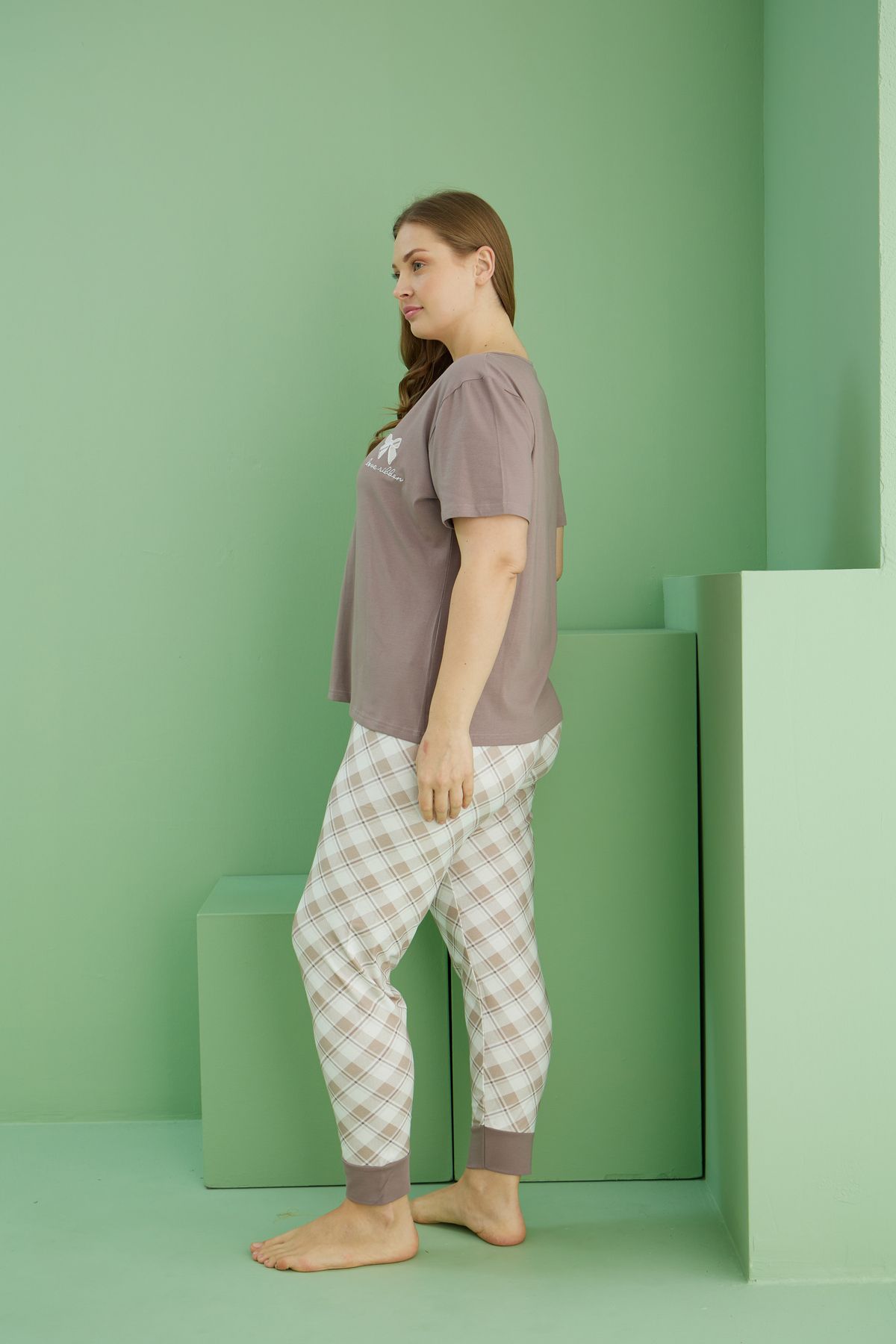 Siyah İnci-Mink Patterned Large Size Oversize Cotton Pajama Set 3
