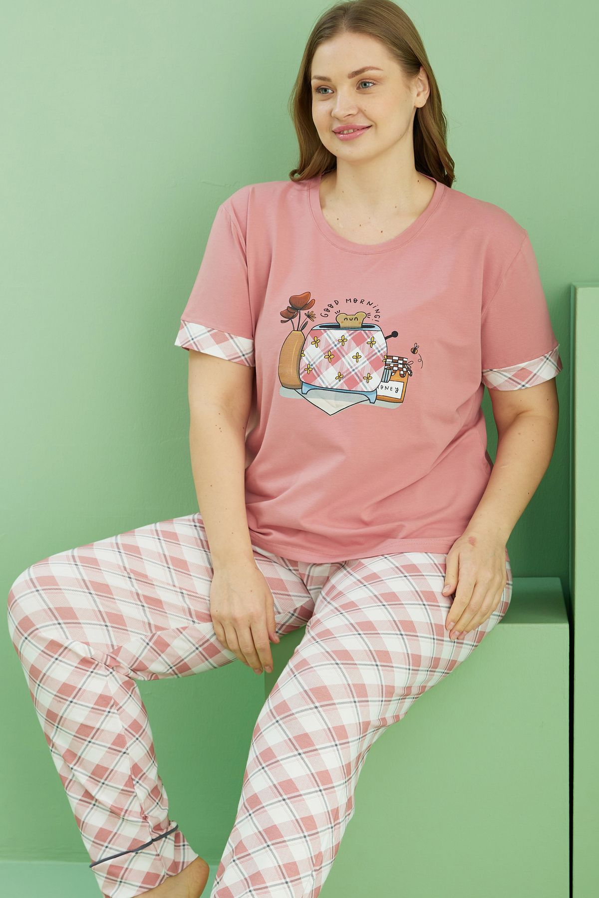 Siyah İnci-Salmon Patterned Curve Plus Size Oversize Cotton Pajama Set 25113770 1