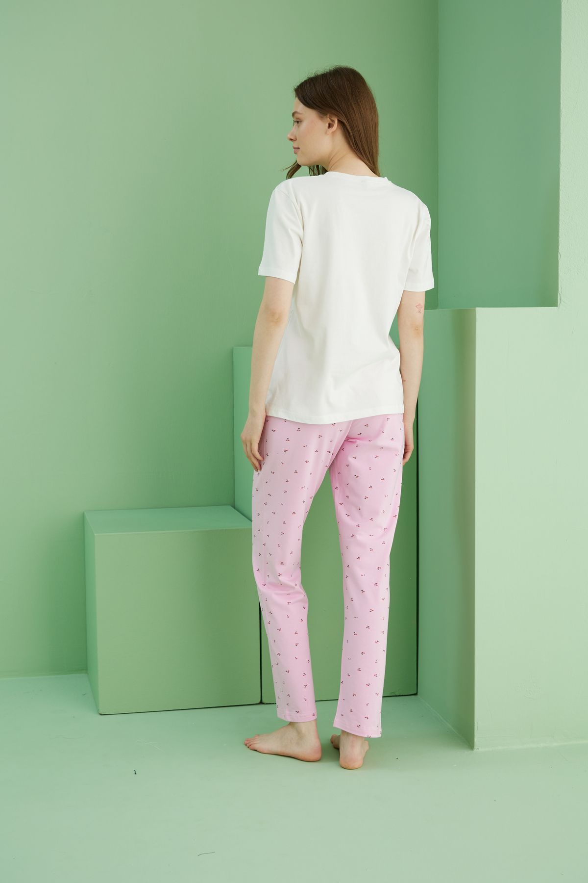 Siyah İnci-Ecru Patterned Cotton Crew Neck Knitted Pajama Set 25117085 3