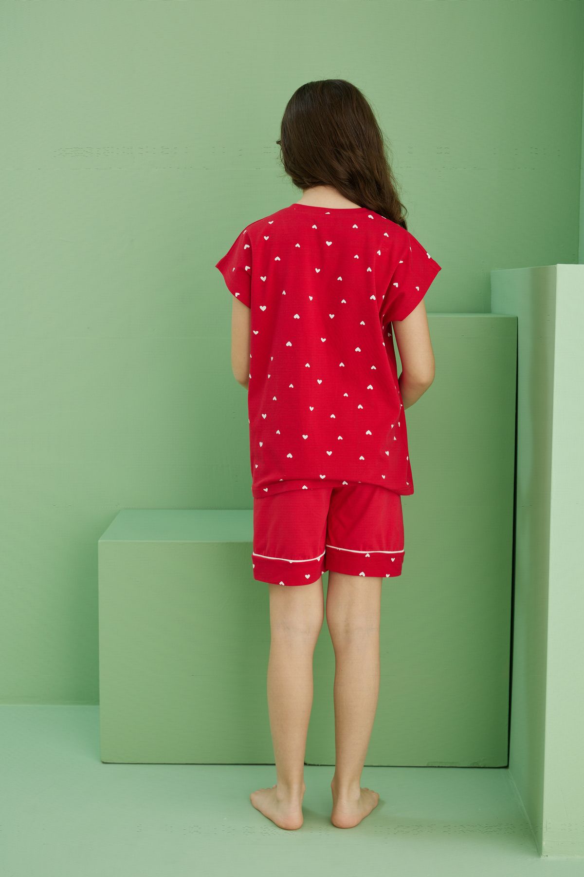 Siyah İnci-Red Patterned Cotton Crew Neck Knitted Shorts Suit 25115021 5