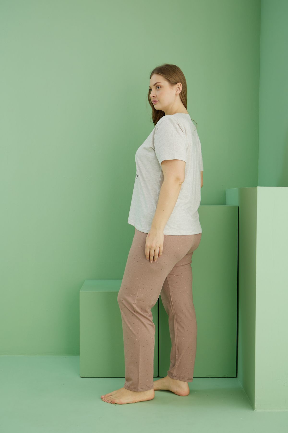 Siyah İnci-Beige Melange Motives Curve Motives Large Size Oversize Cotton Pajama Set 3