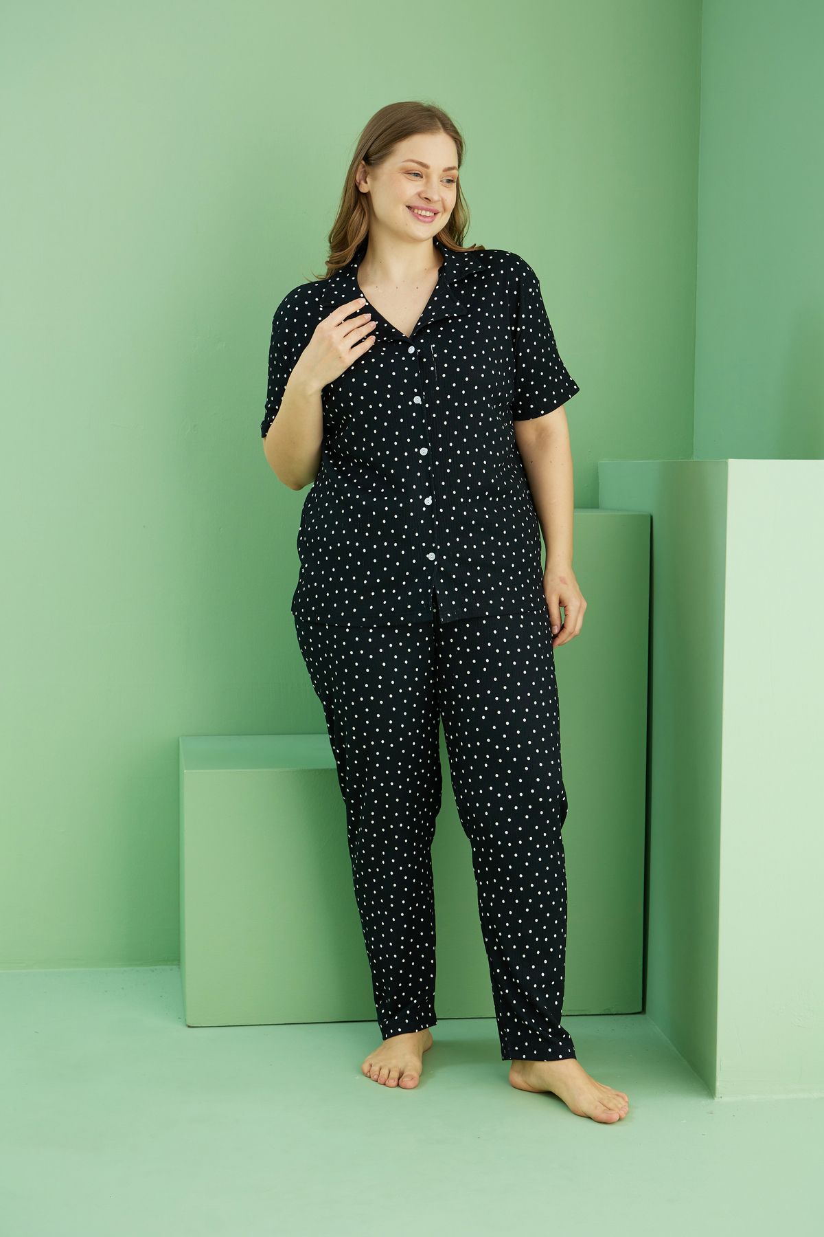 Siyah İnci-Sunny Pajama Set - Red Patterned Large Size Exchange Length Buttons 25118713 2