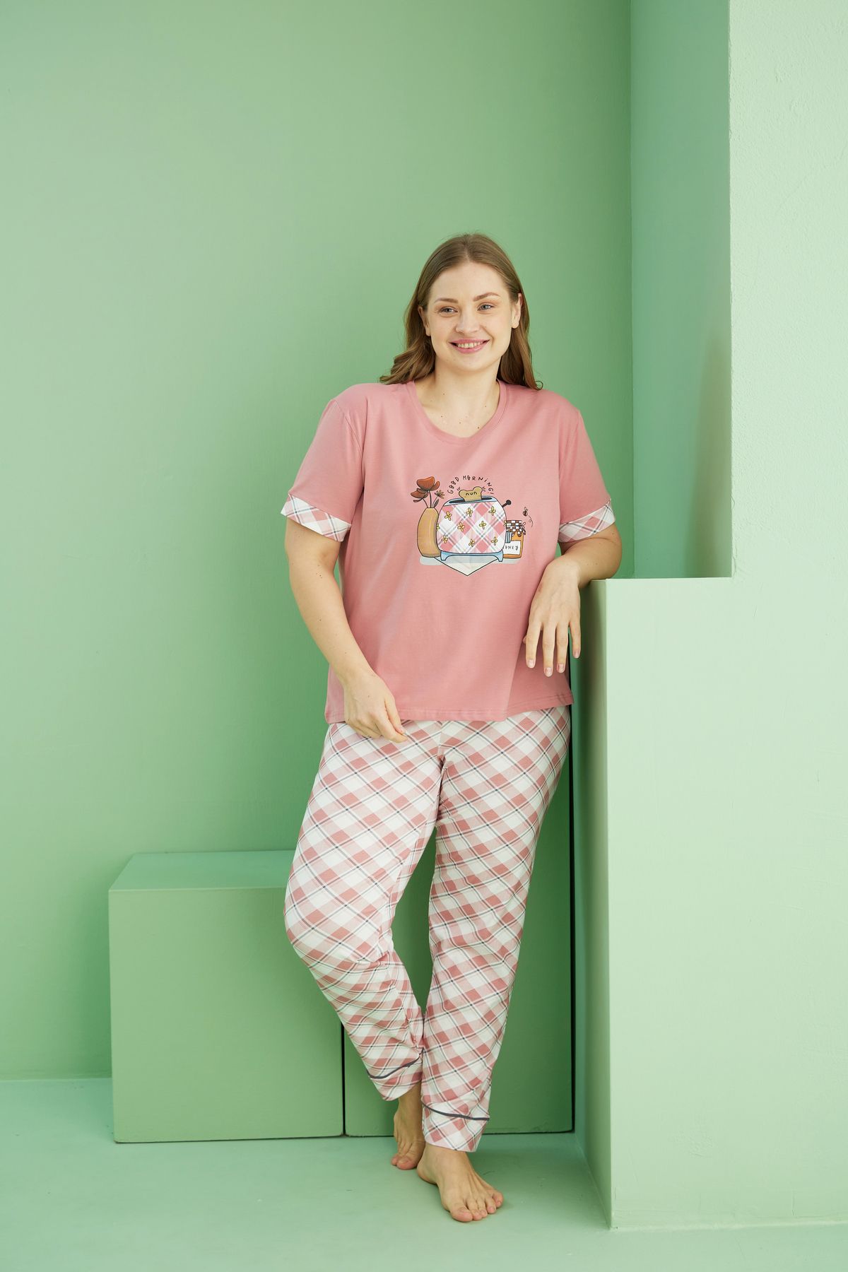 Siyah İnci-Salmon Patterned Curve Plus Size Oversize Cotton Pajama Set 25113770 2