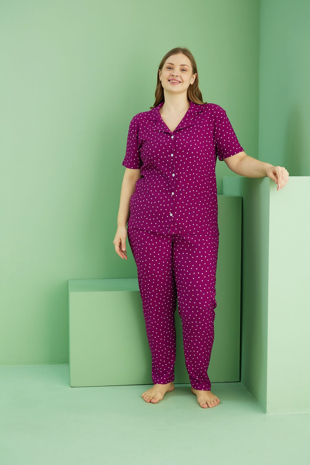 Siyah İnci-Cherry Pattern Bürümcük Fabriccurve Large Size Oversize Buttoned Pajama Suit 2