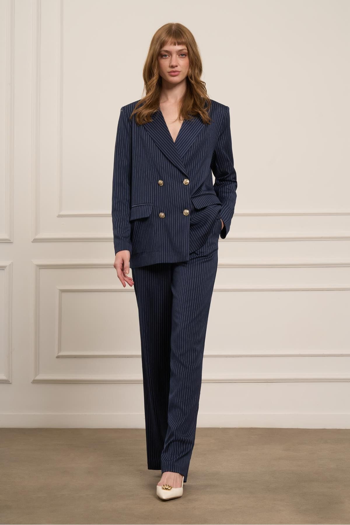 FTZ WOMEN-Women's Striped Suit - Navy Blue 31077 2
