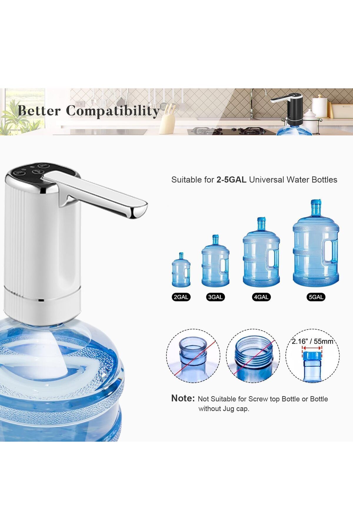 COOYA-Electric Foldable Water Bottle Pump, Timing & Quantitative Three Modes Type-C Charging (White) 3