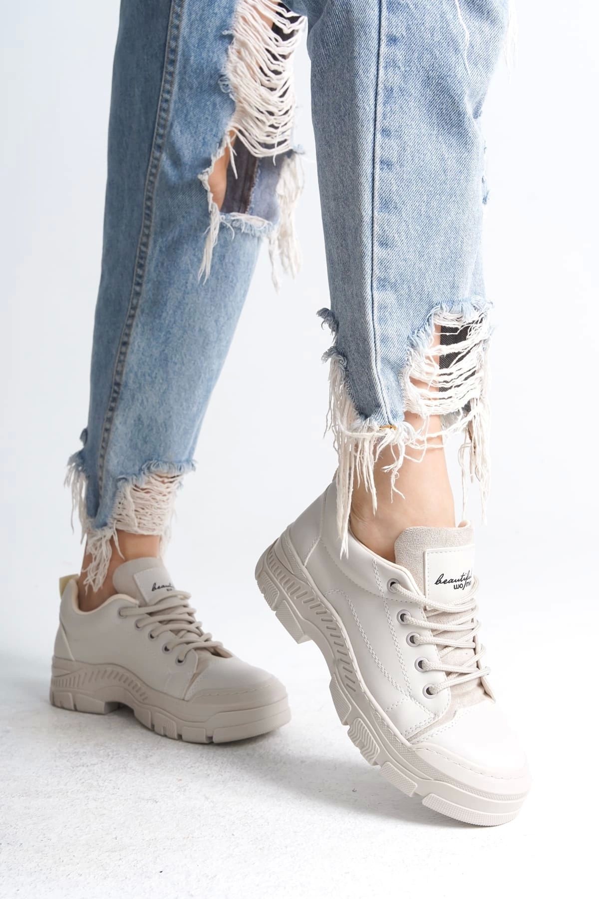 TB Terzi Bey Jane Bağcıklı Ortopedik Taban Kadın Sneaker Spor Ayakkabı Kt - Krem