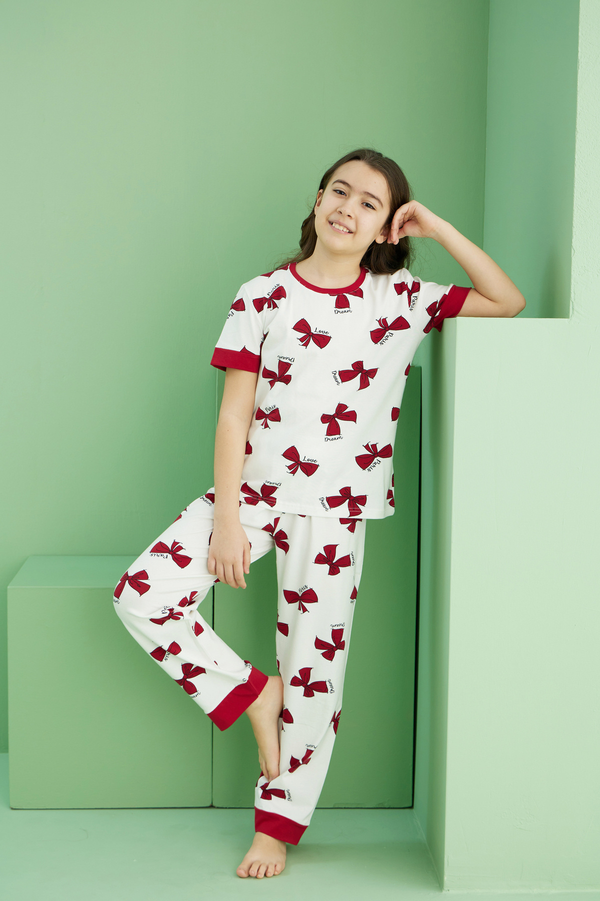 Siyah İnci-Ecru Patterned Cotton Crew Neck Knitted Pajama Set 25117067 4